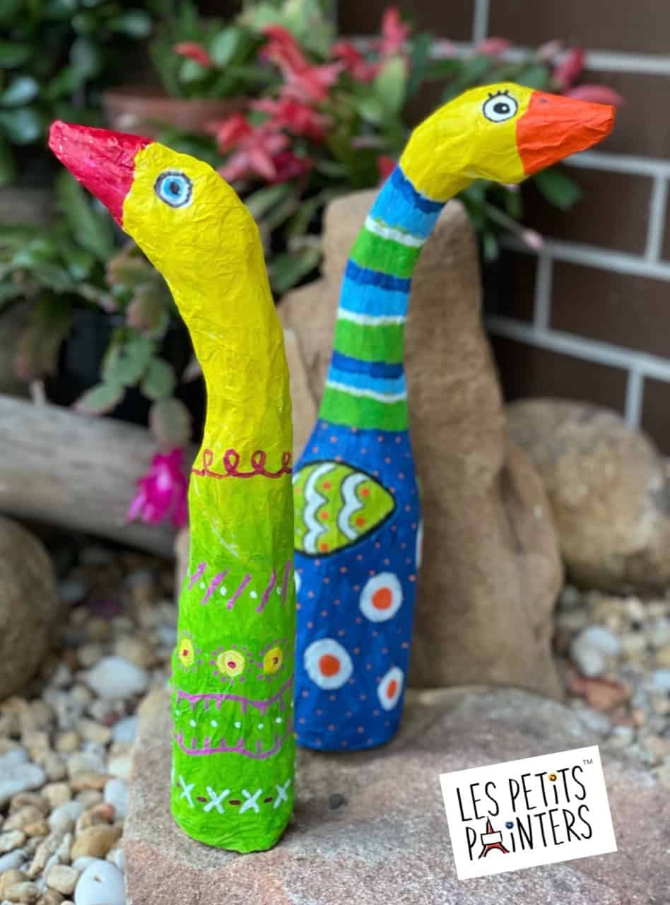 Les Petits Painters school holidays art workshops for children, recycled bottles and paper transformed into bird sculpture, sculpture and painting for kids